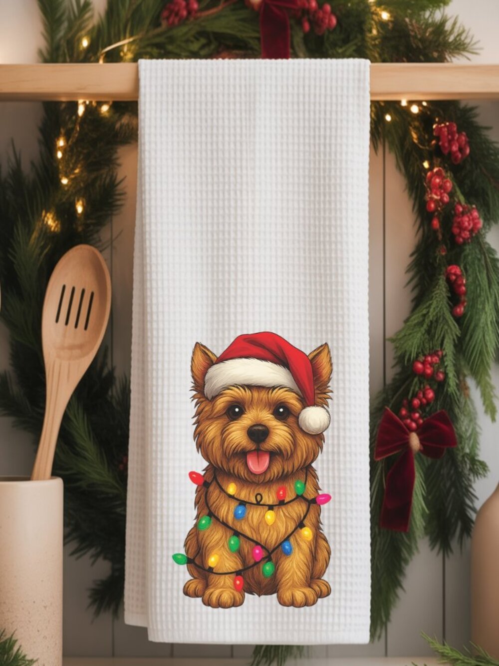 Norwich Terrier Christmas Lights Decorative Kitchen Tea Towel